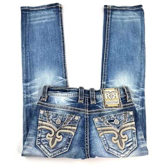 Rock Revival Chavo Bootcut Stretch Jeans Mens 29x31 Embroidered Leather Inserts - Picture 1 of 13